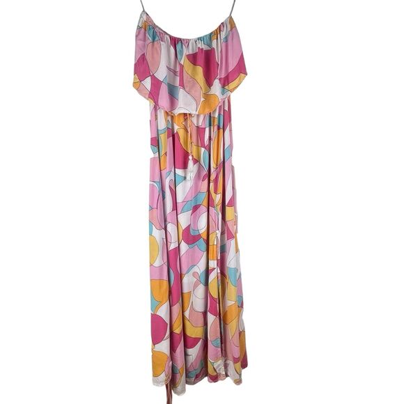 Japna Ruffle Geometric Print Strapless Maxi Dress Sz S Abstract Colorful Retro - Picture 2 of 15
